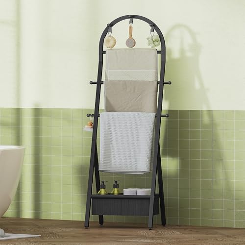 Hzuaneri Handtuchhalter, Handtuchständer mit Haken & Stoffkörben, reistehender Handtuchhalter Boden für Bad, Schlafzimmer, Wohnzimmer, 36 x 45 x 142 cm Schwarz TR10199B