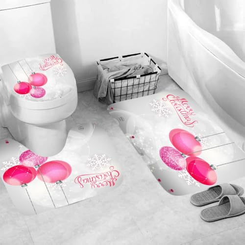3-Teilige Badezimmer Garnitur Rosa Weihnachten rutschfeste & Waschbare Badematte Mit U-Ausschnitt, Toiletten-Vorleger, Saugstark 45X75Cm