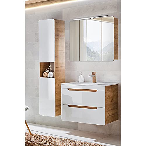 Lomadox Badezimmer Badmöbel Set, Hochglanz weiß mit Wotan Eiche Nb, Waschtischunterschrank mit 81 cm Keramik-Waschbecken, LED-Spiegelschrank, Hochschrank