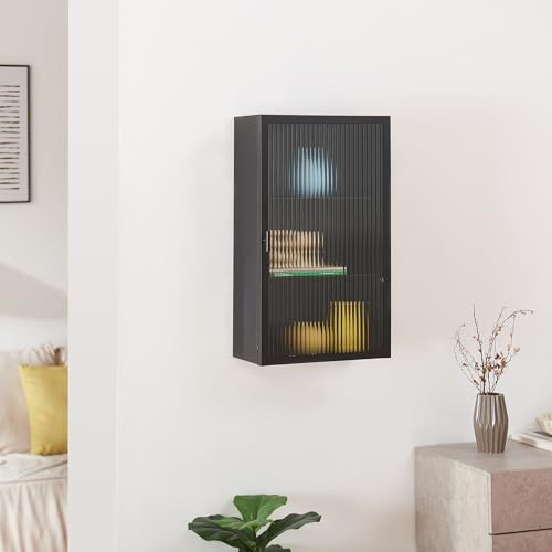 [en.casa] Hängeschrank Zundert Badezimmerschrank 60 x 35 x 15 cm mit geriffelter Glastür Medizinschrank Wandschrank für Wohnzimmer Bad Küche Stahl Schwarz