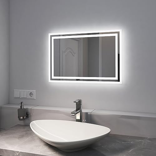 EMKE Badspiegel 40x60cm Badspiegel Antibeschlag Kaltweiß Warmweiß Lichtspiegel, Taste Schalter Hochwertiger Aluminiumrahmen IP44 Energiesparend