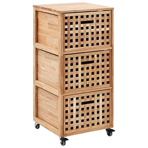 TEWTX7 Walnuss Massivholz Badezimmerschrank mit 4 Rollen und 3 Körben Gitter-Design Badschrank Anrichte Nachtschrank Badregal Badrollwagen 41x41x91cm