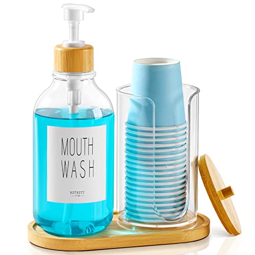 VITVITI Mundwasser Spender Set für Badezimmer, Mundwasser Pumpen Flasche mit Pappbecherhalter, 17Oz Nachfüllbarer klar Plastik Bambus Mundwasserbehälter,Bambu s Deckel Tray Etikett Mundwasser Spender