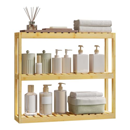 WOLTU Bambus Regal, Hängeregal, Badregal, Wohnzimmerregal, Badezimmerregal stehend, Bücherregal, Schuhregal, verstellbare Ablage, mit 3 Ebenen, 60x54x15 cm, Naturfarbe