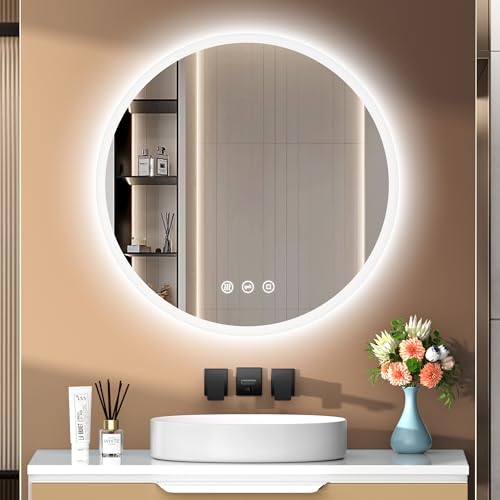 PESENXAN Runder Spiegel mit Beleuchtung, Led Spiegel Bad mit 3 Lichtfarben Dimmbar, Antibeschlag, Touch-Schalter und Speicherfunktion, Badezimmerspiegel mit Beleuchtung Rund 70x70cm