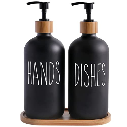 Glas Seifenspender, BIKALAN 475ml Seifenspender Schwarz Matt Tablett, Shampoo Lotion Handseifenspender für Küche Arbeitsplatte