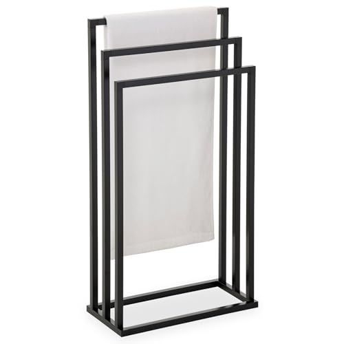 Handtuchhalter KUNO, schwarz lackiert - freistehender Badetuchhalter mit 3 Stangen, Handtuchständer aus Metall