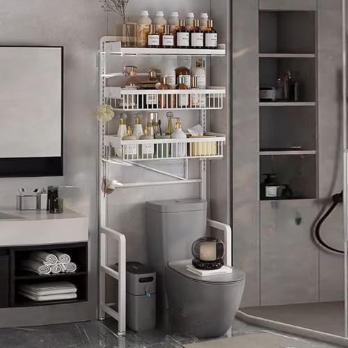 HOLGVE Toilettenregal, Breiteres 3-stufiges Badezimmerregal, Waschmaschinenregal mit verstellbaren, Regalen und Korb, Bodenständer Badregal, for Badezimmer, Toilette, Wäscherei(Wit)