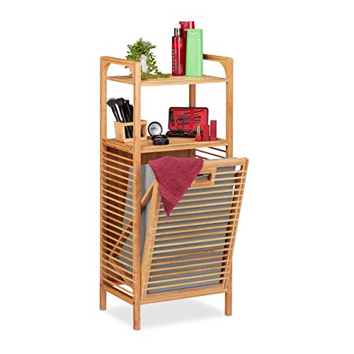 Relaxdays Badregal mit Wäschekorb, herausnehmbare Faltbox aus Stoff, Regal aus Bambus, HBT 95 x 40 x 30 cm, natur/grau