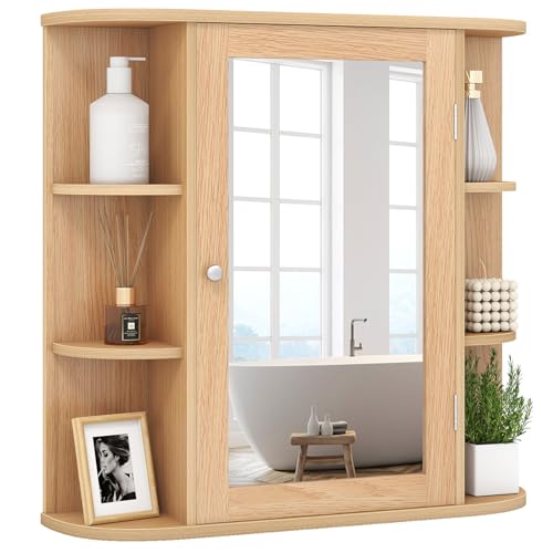 COSTWAY Spiegelschrank Bad, 4 Fächer & 6 offene Ablagen, Badezimmerschrank mit Spiegel, Badschrank hängend, Badezimmer Hängeschrank, Holz, 66 x 17 x 63cm (Natur)