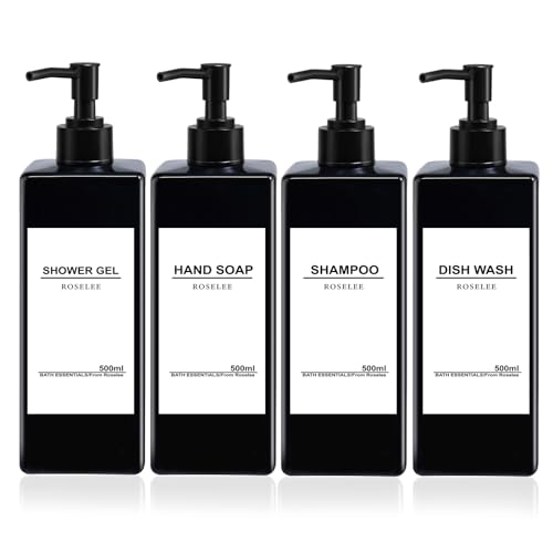 Roselee 4er Seifenspender Schwarz Set, 500ml Seifenspender Dusche, Kunststoff Pumpspender mit Trichter und Wasserdichten Etiketten Shampoo Spender für Küche Badezimmer Bad