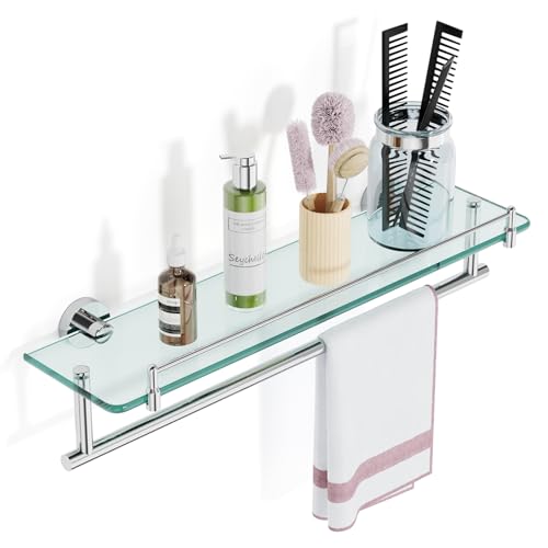Badezimmer-Glasregal mit Handtuchhalter, Wandhalterung, schwebende Glasablagen, 50,8 cm, rechteckig, 304 Edelstahl, Handtuchstange, 8 mm dick, gehärtetes Glas, modernes Wandhalterungszubehör (Chrom