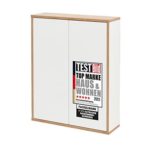 FACKELMANN Finn Hängeschrank (60 x 75 x 20,5 cm) – Wandschrank hängend mit 2 Einlegeböden aus Glas – Badschrank mit Türen aus Holz in Weiß und Eichenoptik