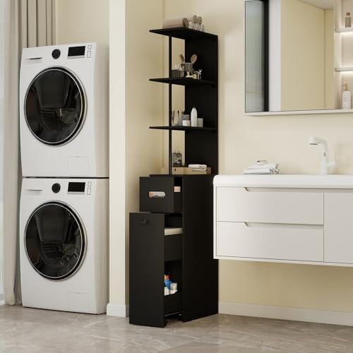 ZealWe Badschrank Hochschrank, Badezimmerschrank Badregal Schmal mit Schubladen, offenem Fach, Kippsicherung, Toilettenschrank Beistellschrank, Aufbewahrung Schrank für Badezimmer Waschküche, Schwarz