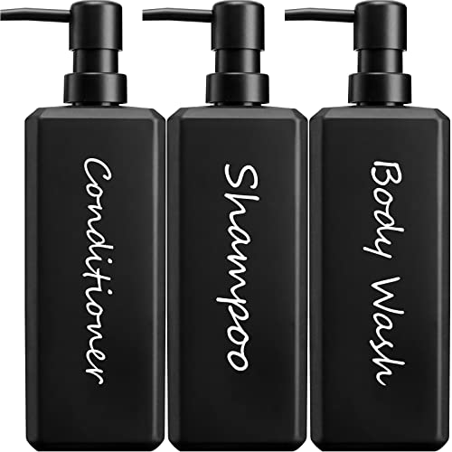 GMISUN 3 Stück Shampoo Spender, 500ml Shampoo Flaschen zum Befüllen Schwarz Matt Kunststoff Seifenspender mit Pumpe, Badezimmer Dispenser Pumpflaschen Set für Conditioner, Körperwäsche und Lotion