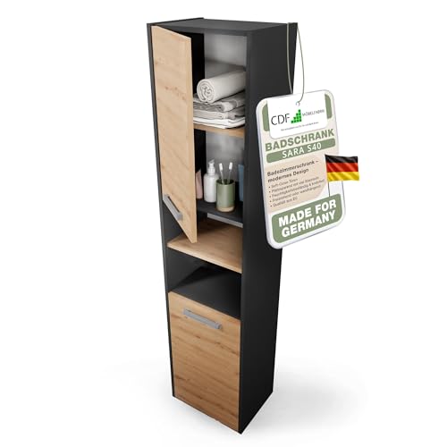 CDF Badezimmerschrank – Badschrank Schmal 40x30x170cm – Badezimmerschrank Schmal mit Tür und Regalen – Bad Hochschrank Modern – Badezimmer Schrank Hoch – Badezimmerschränke Anthrazit/Eiche Artisan