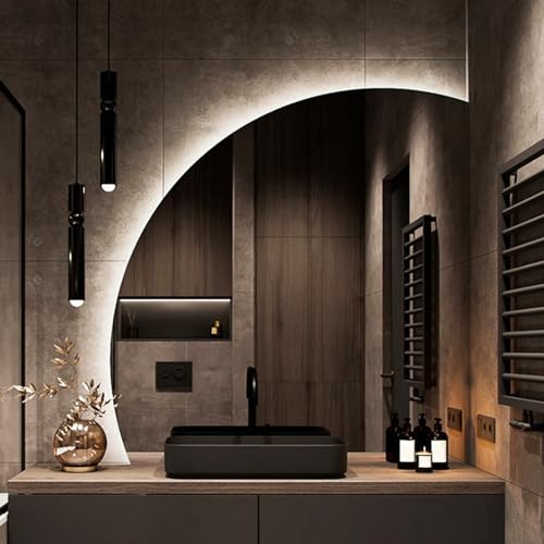 3 Farben Wechselnde LED Beleuchtete Spiegel,Mode Halbrunde Badezimmer Spiegel,50CM|60CM|70CM|80 CM Wandspiegel,Kosmetikspieg el Mit Touch Switch, Für Badezimmer, Schlafz(Size:80cm,Color:R echter Schnitt)