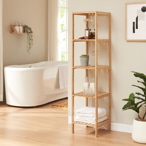 [en.casa] Badregal Lierne Standregal mit 5 Ablagen Badezimmerregal 140 x 33 x 34 cm Bambusregal stehend Holzregal Bambus Natur