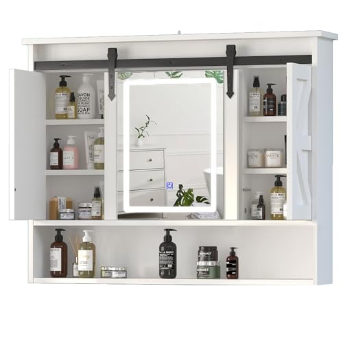 Mepplzian Badezimmer-Spiegelschrank mit Beleuchtung, Spiegelschrank mit Schiebetür für das Badezimmer, 3-Farbiger LED-Wandschrank mit Spiegel zur Wandmontage für Küche/Waschküche, 90 x 15 x 70 cm