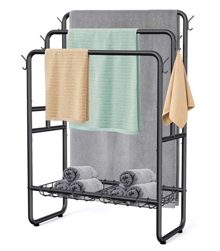 Schwarzes Metall-Badregal mit 2 Körben und 6 Haken, 3-stöckiger freistehender Handtuchhalter, moderner Handtuchhalter für Badezimmer & Schlafzimmer, stilvolle Aufbewahrungslösung