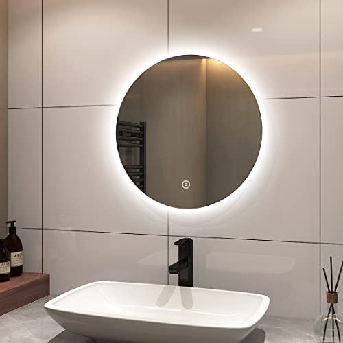 S'AFIELINA Badspiegel mit Beleuchtung Rund 50cm Durchmesser LED Badspiegel mit Touchschalter Dimmbar Badezimmerspiegel Rund Kaltweiß 6500K IP44 Energiesparend