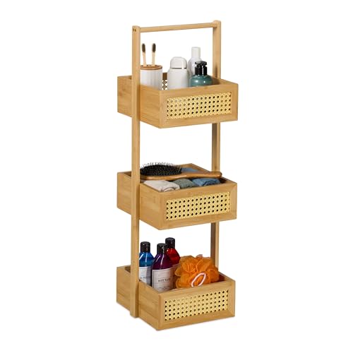 Relaxdays Badregal, 3 Ablagen mit Rattan, HxBxT: 83 x 27 x 26 cm, Standregal für Badezimmer & Küche, Bambus, MDF, natur