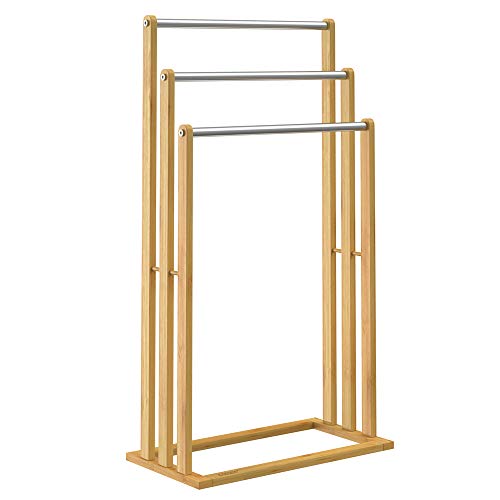 Casaria Handtuchhalter Bambus 46x24x84cm stehend 3 Edelstahl Stangen Handtuchstange Bad Holz