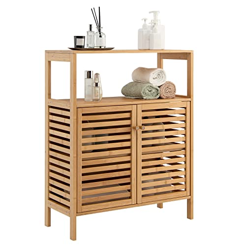 COSTWAY Badezimmerschrank Bambus, Badschrank mit 2 Lamellentüren, Schrank multifunktional für Badezimmer, Wohnzimmer, Küche, Flur, 64 x 27,5 x 80 cm