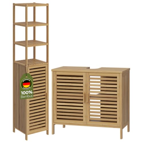Bellamio Newa Badmöbel-Set – Waschbeckenunterschrank mit 2 Fächern & Hochschrank mit 5 Fächern – Badezimmermöbel aus Bambus lackiert – Badezimmer Unterschrank Holzoptik – Bambusregal/Badregal hoch