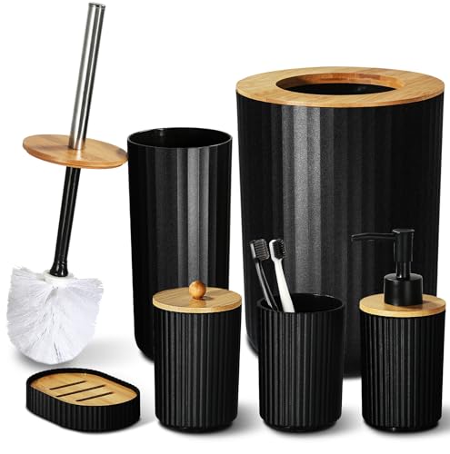GMISUN Badezimmer Set 6-teiliges, Schwarz Seifenspender Set mit Mülleimer, Seifenspender Set und Zahnputzbecher Set, Seifenschale, Toilettenbürstenhalter, Farmhouse Boho Badezimmer Zubehör Set