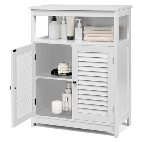 COSTWAY Badezimmer Schrank weiß, freistehender Badschrank Aufbewahrungsschrank mit 2 Rollladentüren, Küchenschrank Badkommode Holz für Bad Küche Wohnzimmer (Weiß)