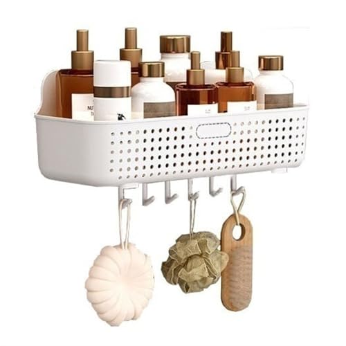 lskdnrufh Duschregal Duschablage aus Kunststoff, wandmontierter Dusch-Organizer mit 6 Haken, Dusch-Aufbewahrungskorb ohne Bohren for Badezimmer, Küche, Waschküche, Balkon Shower Caddy(White)