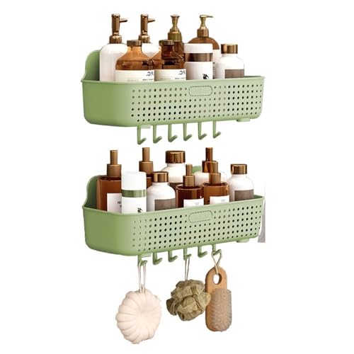 Badezimmerregal Hängendes Duschregal, 2er-Pack, Kunststoff-Duschaufbewahr ungskorb, selbstklebender Dusch-Organizer ohne Bohren mit 6 Haken for Badezimmer, Küche, Balkon Badezimmer-Organizer(Gree n)