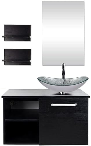 YU YUSING Badmöbel Set Waschbeckenunterschrank Badezimmerschrank mit Waschbecken Unterschrank Spiegel, Badezimmermöbel mit Waschtisch, Spiegelschrank, 2 Wandregale, Wasserhahn Set (Modern Silber)