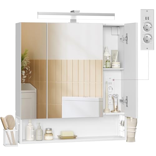 VASAGLE Bad Beleuchtung, 16,5 x 70 x 75 cm, Steckdosen, Hängekorb, Haartrockner Halter,, Badschrank, Wandschrank, für Badezimmer, wolkenweiß BBK126W01