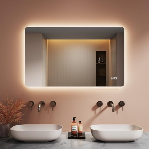 LOMIKEN Badezimmerspiegel mit Beleuchtung, 100 x 60 x 3.5cm, Spiegel mit Beleuchtung, Dimmbar, 3 Farben, Anti-Beschlag-Funktion, vertikal/horizontal, wandmontierter LED-Badezimmerspiegel