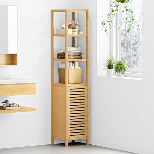 SogesPower Bambusregal mit Schrank, 5-stufiges Badezimmerregal mit Türen, 170 cm hoch, multifunktionales Standregal für Bad, Küche oder Wohnzimmer
