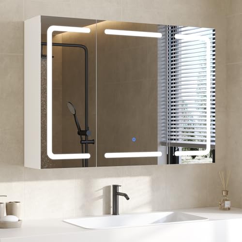 DICTAC Bad Beleuchtung Steckdose Badezimmerschrank Spiegel Verstellbarem Regal,Badschrank 3 Türen,Wandschrank,Hänge schrank,3 Farbtemperatur Dimmbare,80x60x16cm,Weiß