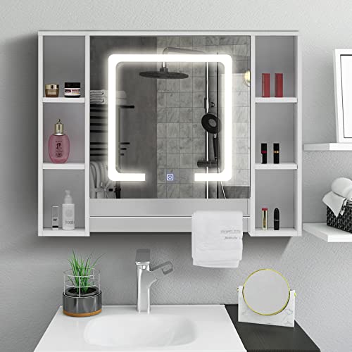 Spiegelschrank mit LED-Beleuchtung, verstellbaren Regalen & Handtuchhalter & 6 offene Ablagefächer, Badezimmerspiegel mit Touchschalter Badspiegel Lichtspiegel Wandspiegel Badschrank für Badezimmer