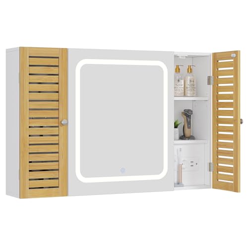 FORABAMB Badezimmer Spiegelschrank mit LED-Beleuchtung & Steckdose, Badezimmerschrank mit 2 Bambustür, HD-Spiegel, Verstellbarer Ablage, Berührung Sensorschalter, Spiegelschrank Bad, 90×17×60cm