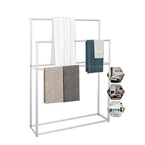 Moderner freistehender Handtuchhalter mit Regalen, Badezimmer-Aufbewahrung, Organizer für Badetücher, weißes Metall, Standregal für Badezimmer, Pool, Küche, 85 x 20 x 110 cm
