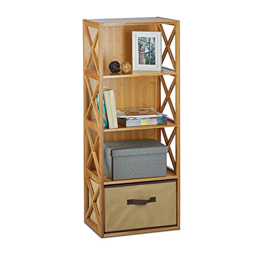 1 x Regal Bambus mit Korb, 4 Ablagen, Holz Standregal, Badregal, Faltbox, H x B x T: 105 x 42 x 29 cm, Natur braun