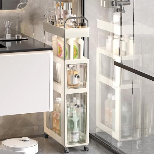 HARELA Badezimmerschrank schmal, Badezimmer Hochschrank Schmaler Lagerwagen mit Offene Fächern, Badregal für kleine Räume Badezimmer, Wohnzimmer(40x18x88cm/15. 7x7.1x34.6in)