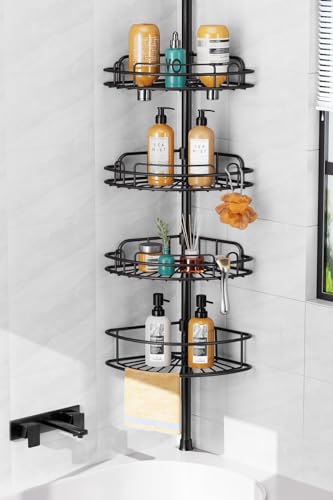 HAMITOR Teleskop Duschablage Ohne Bohren: 4-stufiges Metall Ecke Duschregal Rutschfest und Stabil, Badezimmer Organizer für Shampoo, Seife und Duschgel – verstellbar von 121-314 cm, Schwarz