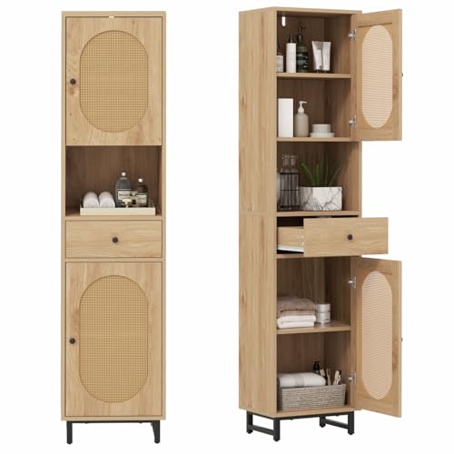 LIFEZEAL Badezimmerschrank PE-Rattan, Badschrank Hochschrank mit verstellbaren Regalen, Aufbewahrungsschrank für Badezimmer, Wohnzimmer, Küche, 40 x 30 x 170 cm, Natur