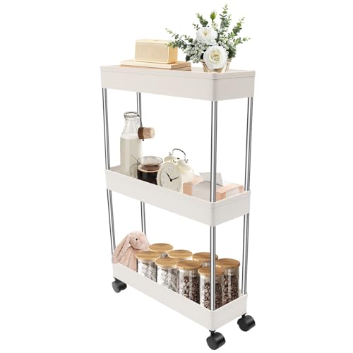 Tyvotrend Rollwagen, Abnehmbares und Tragbares Regal, Ablagen mit 3 Ebene, Küchenwagen mit Universalräder und Haken, 360 ° Drehbare, Mobiles Badrollwagen, für Bad, Küche, Büro, weiß