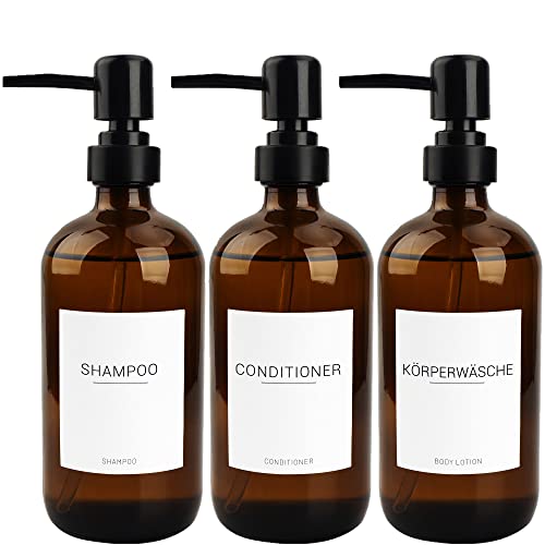 Ezebesta 3er-Set Braunglas 500ml Seifenspender mit 22 weißen Etiketten Badezimmer-Flüssigkeitsb ehälter mit schwarzer Pumpe