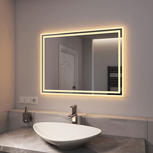 EMKE Spiegel mit Beleuchtung 80x60cm Badezimmerspiegel Warmweiß Lichtspiegel Badspiegel mit Beleuchtung IP44 energiesparend Wandspiegel