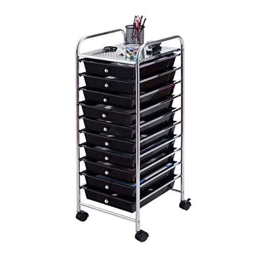GIANTEX Rollwagen mit 10 Schubladen, Aufbewahrungswagen Badrollwagen Farbewahl mit feststellbaren Rollen, Haushaltswagen Metallgestell für Büro Küche Bad Wohnzimmer (Schwarz)