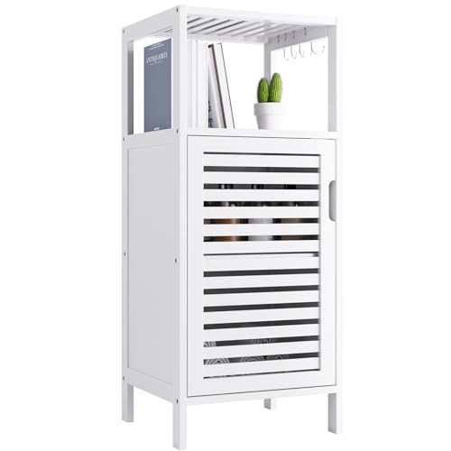 HITNET Badezimmerschrank Bambus, Unterschränke Beistellschrank mit 1 Türen, 4 Offene Regal, 4 Abnehmbaren Haken, Multifunktional Schrank Für Badezimmer, Wohnzimmer, Küche, Flur, Weiß